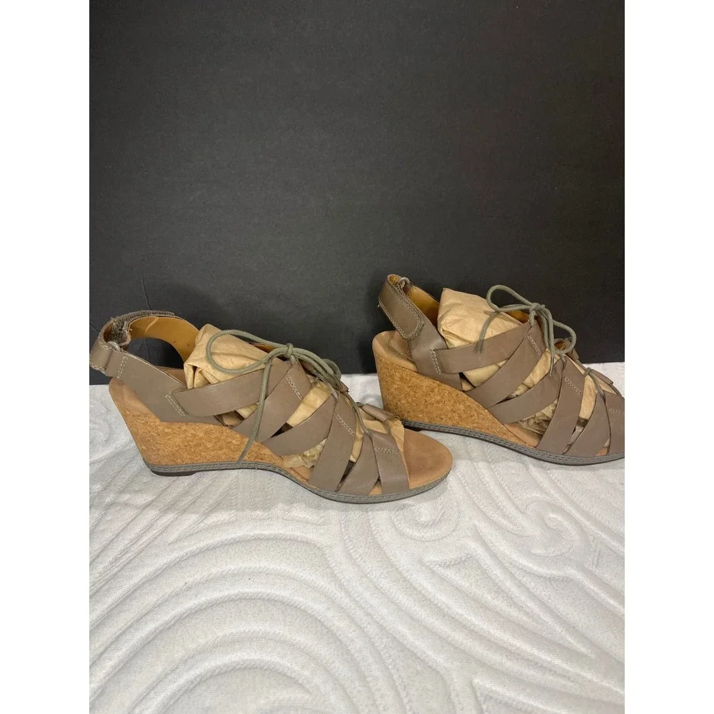 Clarks Collection Taupe Leather Lace Up Cork Wedge Sandals Womens 9 Cushion Soft